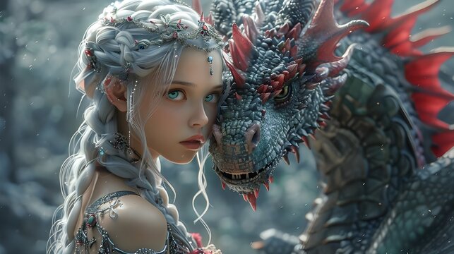 Anime warrior princess and majestic creature dragon companion, 3d creative digital art illustration cartoon. Fantasy landscape background, mysterious sorceress fairy tale of magical adventure.