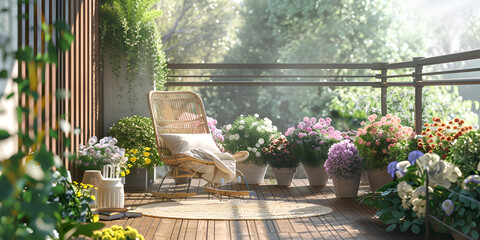 Nursery plants on the terrace Care Beauty. A beautiful sunny balcony or terrace featuring stylish chairs and natural material decorations. Serene Balcony Retreat with Lush Greenery and Flowers


