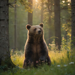 a bear that is sitting in the grass in the woods