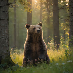 Fototapeta premium a bear that is sitting in the grass in the woods