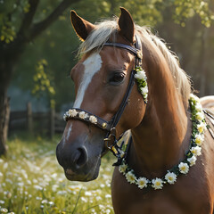 Obraz premium a horse with a flower garland on its head