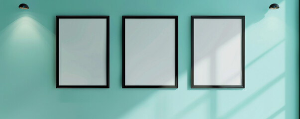 Luxury spa retreat with three empty posters in tranquil black frames, spotlighted against a light turquoise wall, suitable for spa packages or wellness events.