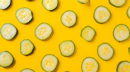 Fototapeta premium Fresh cucumber slices on yellow background