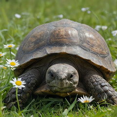 Obraz premium a turtle that is sitting in the grass with flowers