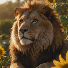 Naklejka premium lion laying in the sun with sunflowers in the background