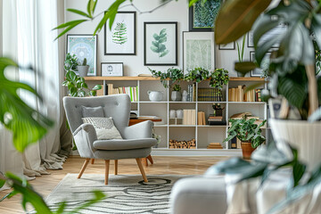 Obraz premium Cozy home office corner with a designer chair, a curated bookshelf, artistic prints on the walls, and lush plants, all in a soft color palette