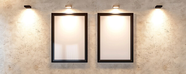 Modern architecture firm with two blank posters in professional black frames, spotlighted on a light sand wall, ideal for showcasing architectural projects or firm achievements.
