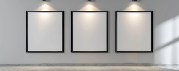 Modern architecture studio with three empty posters in professional black frames, spotlighted against a light gray wall, suitable for displaying architectural designs or firm projects.