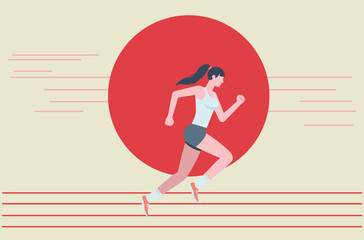 Illustration of a woman running in a white tank top and blue shorts. Running athlete flat design illustration.