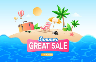 Colourful summer island beach with sea water background. Composition of beach chair, camera, luggage bag, coconut water, beach umbrella, starfish, hot air balloon, sunglasses, tropical plant. Summer h