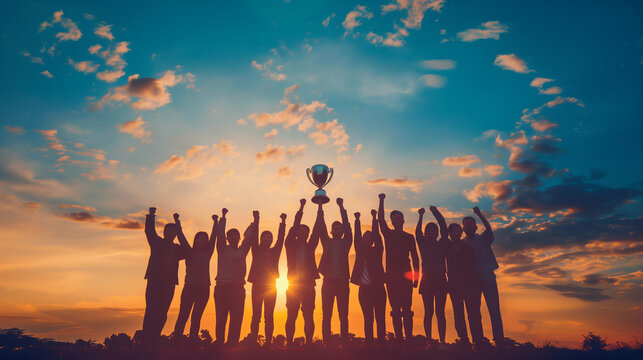 Success of teamwork, joint achievement of goal in business and life. Winning team is holding trophy in hands. Silhouettes of many hands in sunset 