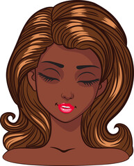 Young cartoon dark skinned woman with big closed eyes, long eyelashes and dark brown hair. Expressive girl, female avatar.