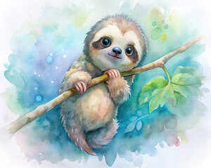 Naklejka premium An endearing baby sloth hanging from a branch, watercolor artwork.