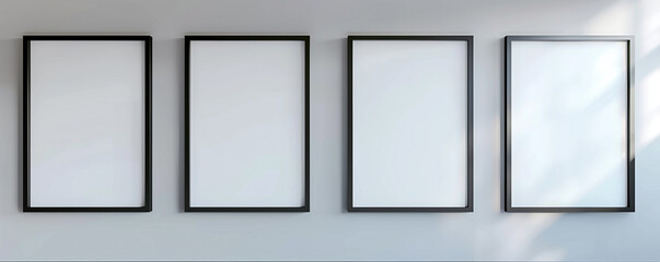 Modern photography studio with four blank posters in sleek black frames, highlighted against a light gray wall, perfect for photography exhibitions or portfolio showcases.