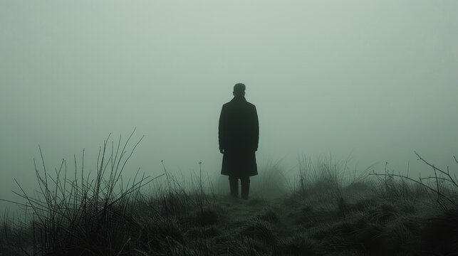 Chilling scene of a silhouetted man in a black coat, standing on a fog-laden hillside, evoking a deep sense of dread