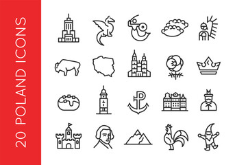 Poland icons. Set of 20 trendy minimal icons representing Polish culture, landmarks, and folklore such as the Wawel Dragon, Warsaw Mermaid, Tatra Mountains. Vector illustration.  © InvisionFrameStudio
