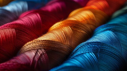 Artistic composition of tailor threads, showcasing a spectrum of colors and textures, captured in high detail with studio lighting