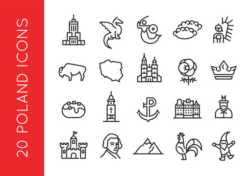 Poland icons. Set of 20 trendy minimal icons representing Polish culture, landmarks, and folklore such as the Wawel Dragon, Warsaw Mermaid, Tatra Mountains. Vector illustration. 