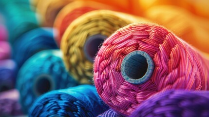 Artistic close-up of a thread spool, emphasizing vibrant color and material quality, ideal for detailed craft advertising