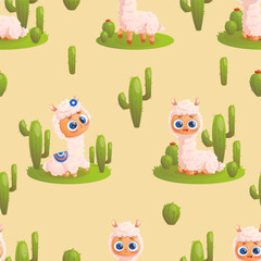 Obraz premium Seamless pattern with cute Llama alpaca on background with cactus. Vector illustration for design, wallpaper, packaging, textile. Kids collection.