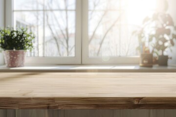 Empty wooden countertop, against blurred big bright cleah window. AI generative