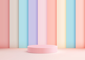 3D simple pink podium stands on rainbow pastel colors stripes pattern wall background