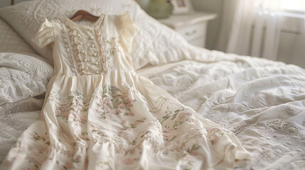 Vintage-inspired tea dress in soft pastel hues, adorned with dainty floral embroidery and pearl buttons, laid out on a crisp white bedspread in a charming country cottage bedroom