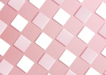 A repeating pattern of white and pink squares decorates a pink background