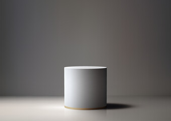 3D white cylinder podium stand with a gold rim sits on a white surface and gray wall background