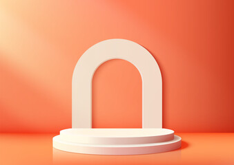 3D white podium with a curved arch stands backdrop against a bright orange background with light beam
