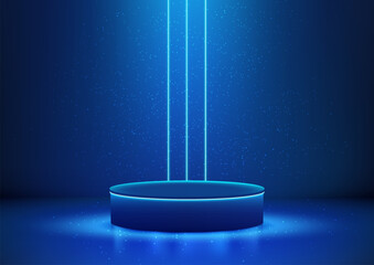 3D realistic empty blue podium stand with blue neon laser lines backdrop on dark blue background modern technology style