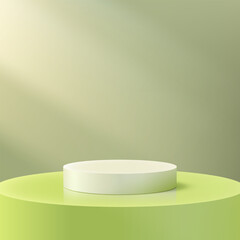 3D round white circle rests on top of a green cylinder podium with light beam on green background, minimal concept, product display, mockup, showroom, showcase
