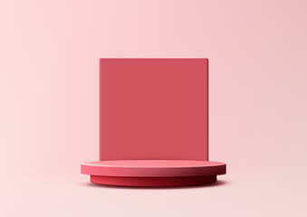 3D red podium with square backdrop on pink background, minimal concept, product display, mockup, showroom, showcase