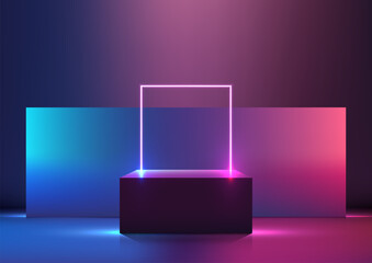 3D podium with square glowing neon and neon colors backdrop on a dark background