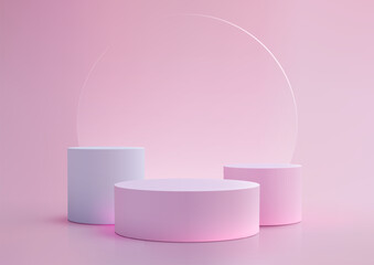 3D pink and white podium with a large circle transparent glass backdrop behind it on soft pink background