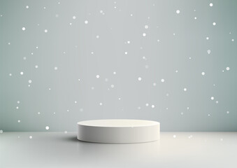 3D white podium sits on a white table with snow falling from a white ceiling, seasonal concept for product display, mockup, and showroom. Perfect for elegant winter presentations