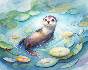 An adorable otter floating on its back in a serene pond, surrounded by lily pads