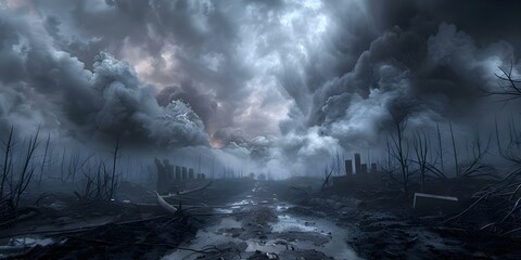 Eerie landscape with ominous black clouds, muddy ground, skeletal trees, and ruins. Concept Eerie Landscape, Ominous Black Clouds, Muddy Ground, Skeletal Trees, Ruins