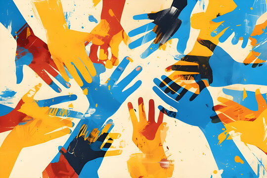 Vibrant hands form a circle, creating a colorful gesture in art, Colorful Hands in Unity, Representing Community and Support for Juneteenth Celebrations, Copy Space