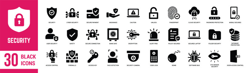 Security solid icons set. Security, cyber, network, hacker, password, internet, access, unlock, safety and digital. Vector illustration