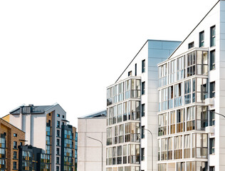 Contemporary multistory residential building, stylish highrise flats, trendy facade design. Modern...