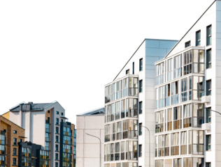 Contemporary multistory residential building, stylish highrise flats, trendy facade design. Modern in city, investing in real estate property. Isolated on white, new apartment complex.