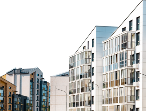 Contemporary multistory residential building, stylish highrise flats, trendy facade design. Modern in city, investing in real estate property. Isolated on white, new apartment complex.