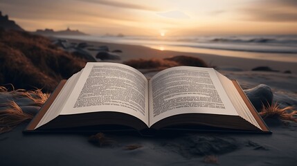 Fototapeta premium Open book on a wooden deck. 3d render. AI Generative