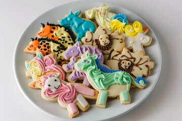 Whimsical animal-shaped sugar cookies with buttercream frosting