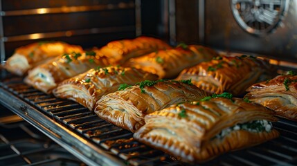 "Cinematic photo of baking spinach-feta turnovers, capturing their flaky layers."