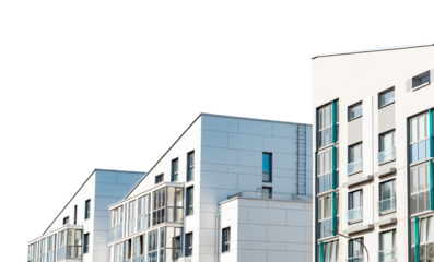 High rise residential with trendy, stylish flats, European architectural style. Urban housing project, multi story building, modern facade. Investing in concrete property, isolated on white.