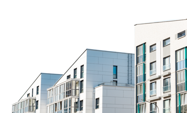 High rise residential with trendy, stylish flats, European architectural style. Urban housing project, multi story building, modern facade. Investing in concrete property, isolated on white.