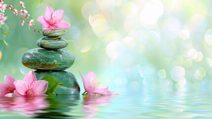 Spa image with stones and pink flowers, Cheery Blossom spa theme image, Calming image of neatly arranged rocks and sakura flowers on a water surface with soft green bokeh background, Copy space