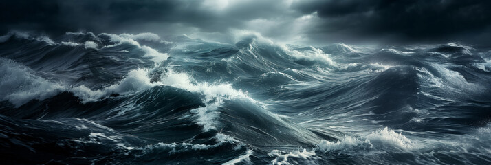 Stormy ocean with towering waves and dark clouds, capturing the raw power and turbulence of the sea during a tempestuous weather event